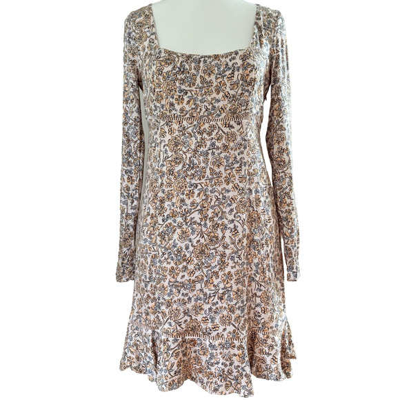 FREE PEOPLE Boheme Mini Dress Sz 6 | Floral Square Neck Romantic Cottagecore - Picture 1 of 14